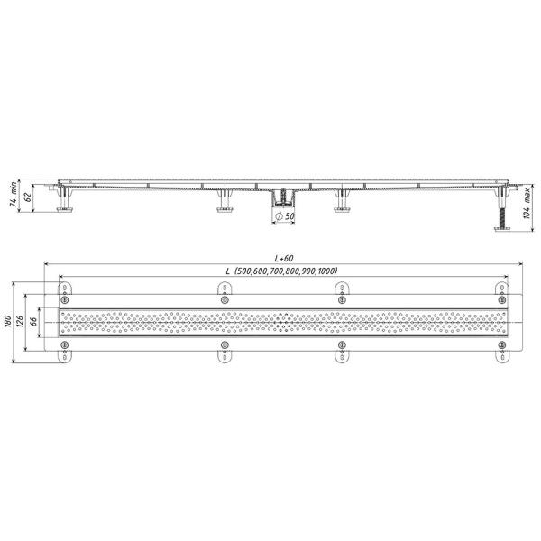 Трап линейный Татполимер ТП-50A-1000 (вертикальный выпуск, решетка нержавеющая сталь A - волна 106 см)